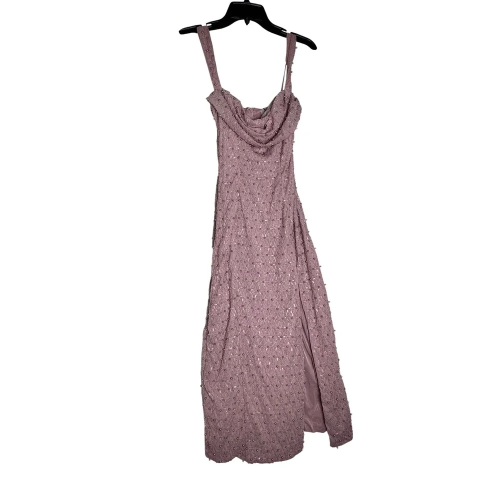 Oh Polly Mauve Beaded Sequin Midi Dress Square Neck Side Slit Purple US 4 NEW - Picture 3 of 9